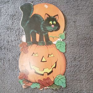 Vtg Eureka Halloween Black Cat On Jack-O-Lantern Die Cut Double Sided Halloween